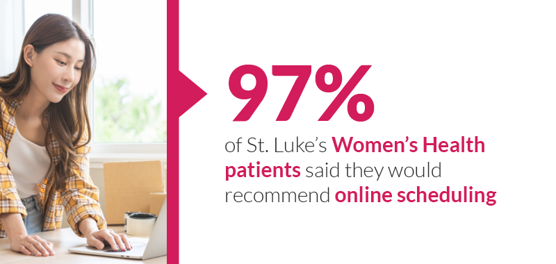 97% of st lukes women's health patients said they would recommend online scheduling